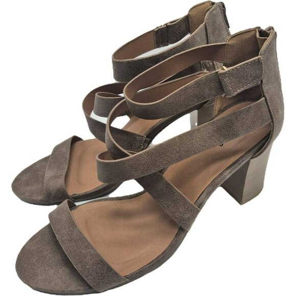 Qupid Strappy Taupe Block Heel Sandals Back Zipper Vegan Leather Womens 10 - Picture 8 of 11